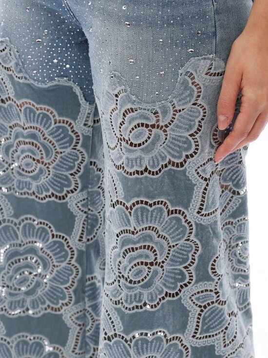 Velvet Cut Out Rhinestone High Rise Wide Leg Jeans - Picture 8 of 9